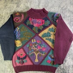 Vintage 90s Eddie Bauer Womens Small Wool Sweater Patch Knitted Flowers 1991